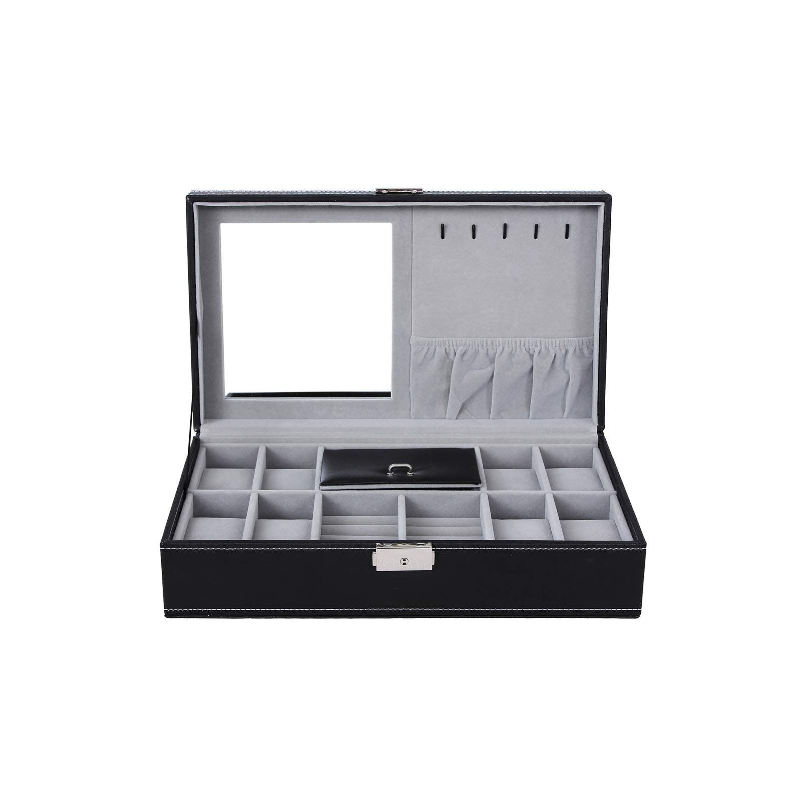 Watch Storage Box – Wood – Black – Lockable with Mirror and Cufflink Compartment for 8 Watches