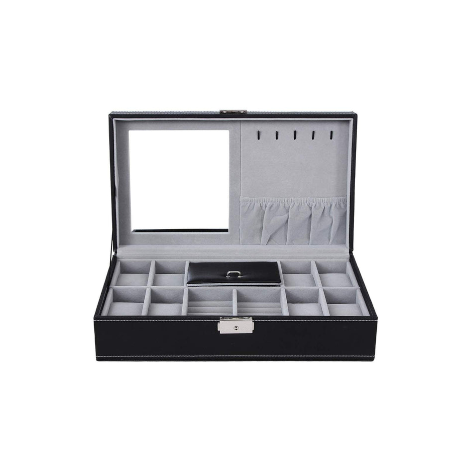 Watch Storage Box – Wood – Black – Lockable with Mirror and Cufflink Compartment for 8 Watches