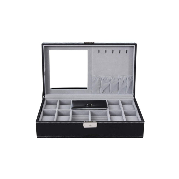 Watch Storage Box – Wood – Black – Lockable with Mirror and Cufflink Compartment for 8 Watches