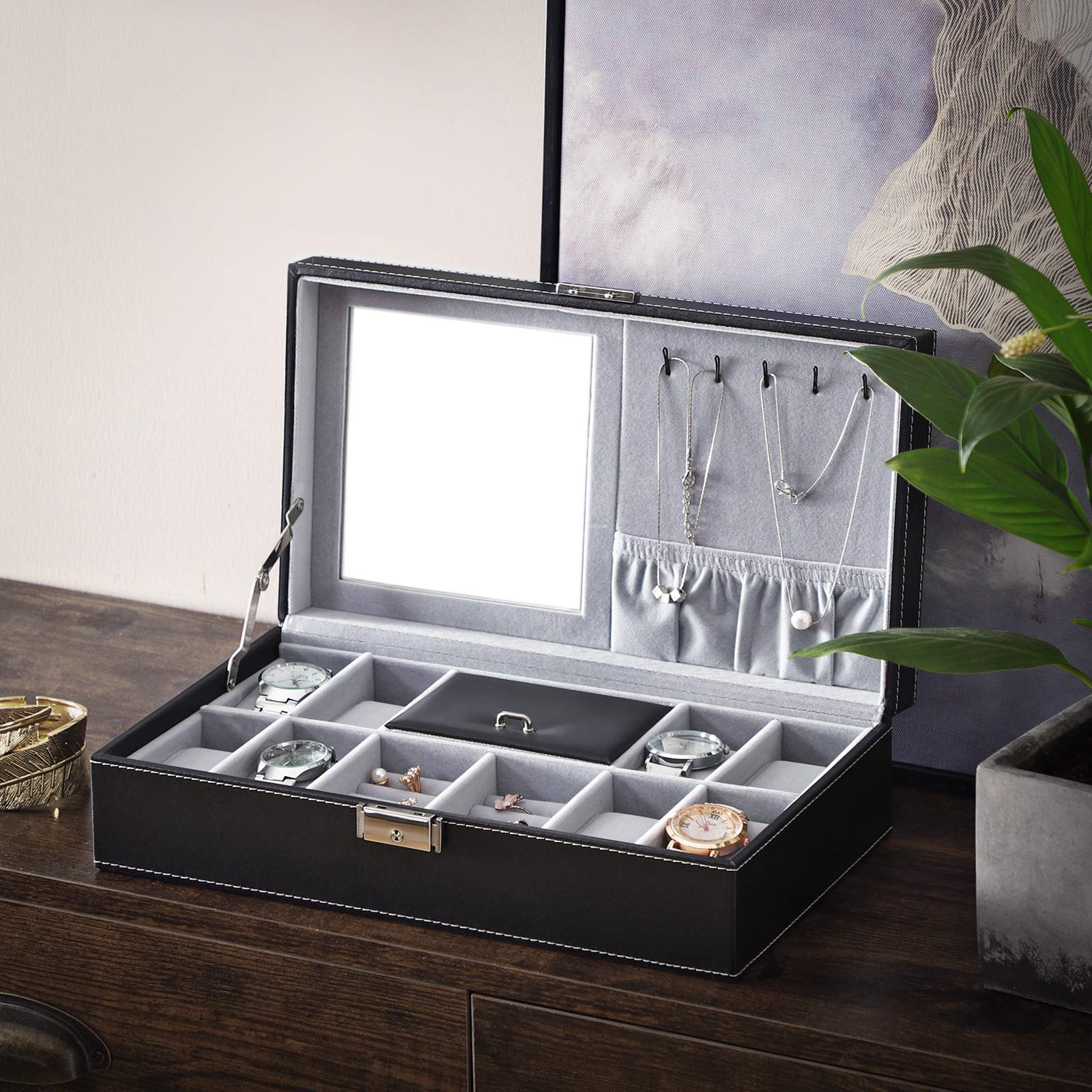 Watch Storage Box – Wood – Black – Lockable with Mirror and Cufflink Compartment for 8 Watches
