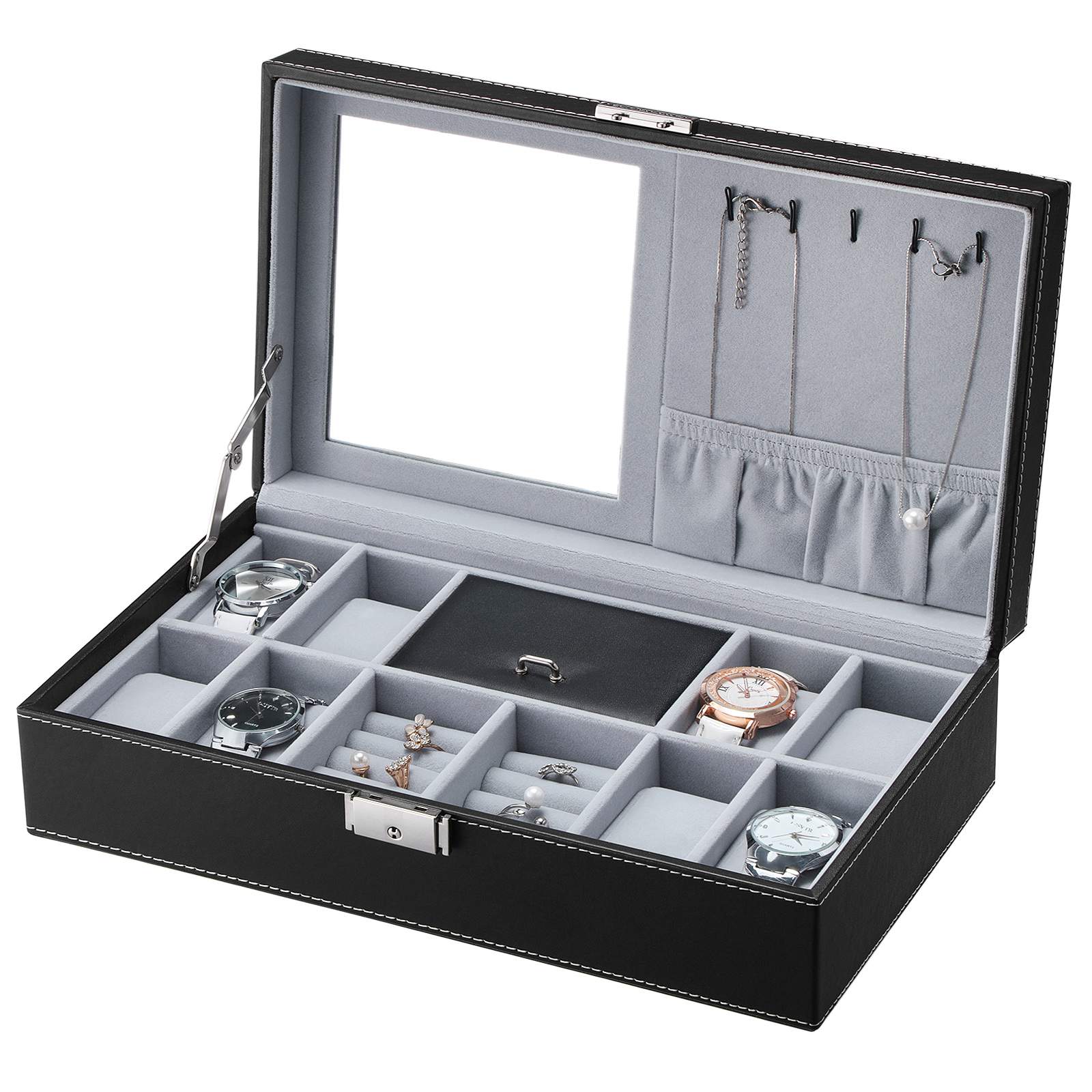 Watch Storage Box – Wood – Black – Lockable with Mirror and Cufflink Compartment for 8 Watches