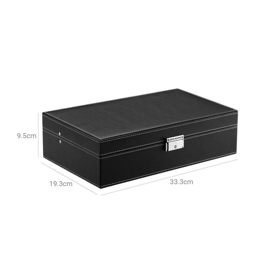 Watch Storage Box – Wood – Black – Lockable with Mirror and Cufflink Compartment for 8 Watches