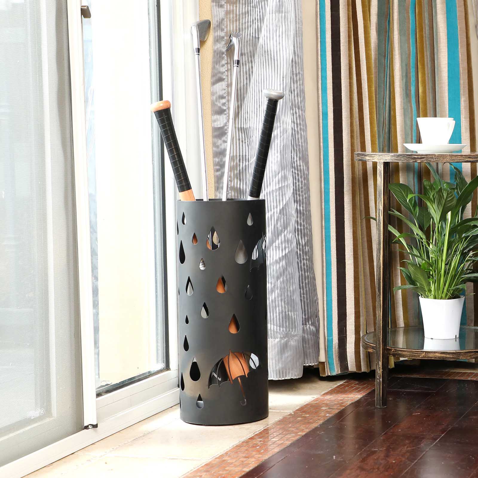 Round Umbrella Stand – Metal – Black – With Hooks and Drip Tray