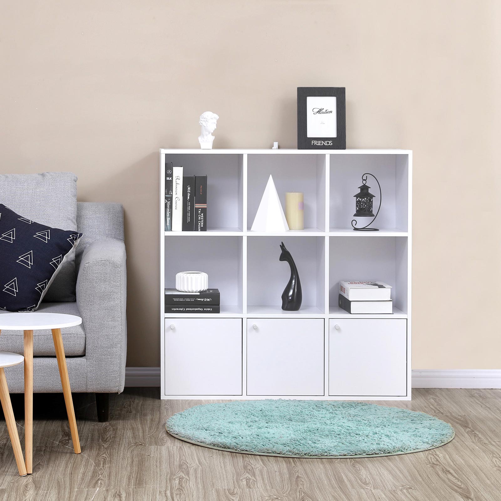 Bookcase – Wooden – White – Freestanding Display Shelf with 3 Bottom Cabinets