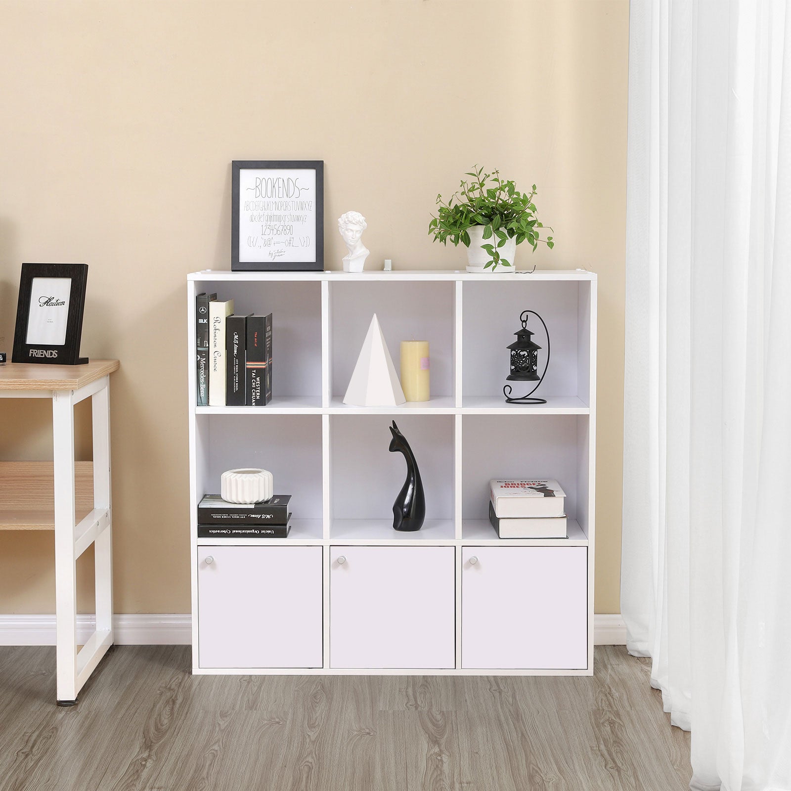 Bookcase – Wooden – White – Freestanding Display Shelf with 3 Bottom Cabinets