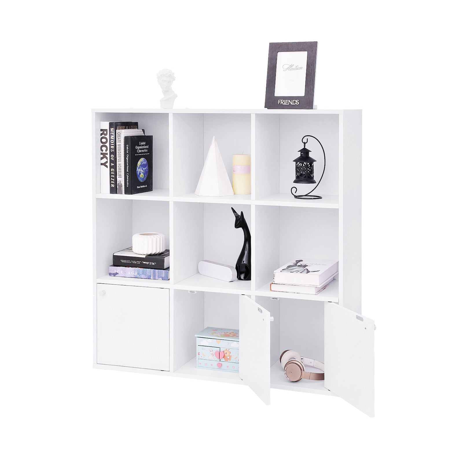 Bookcase – Wooden – White – Freestanding Display Shelf with 3 Bottom Cabinets