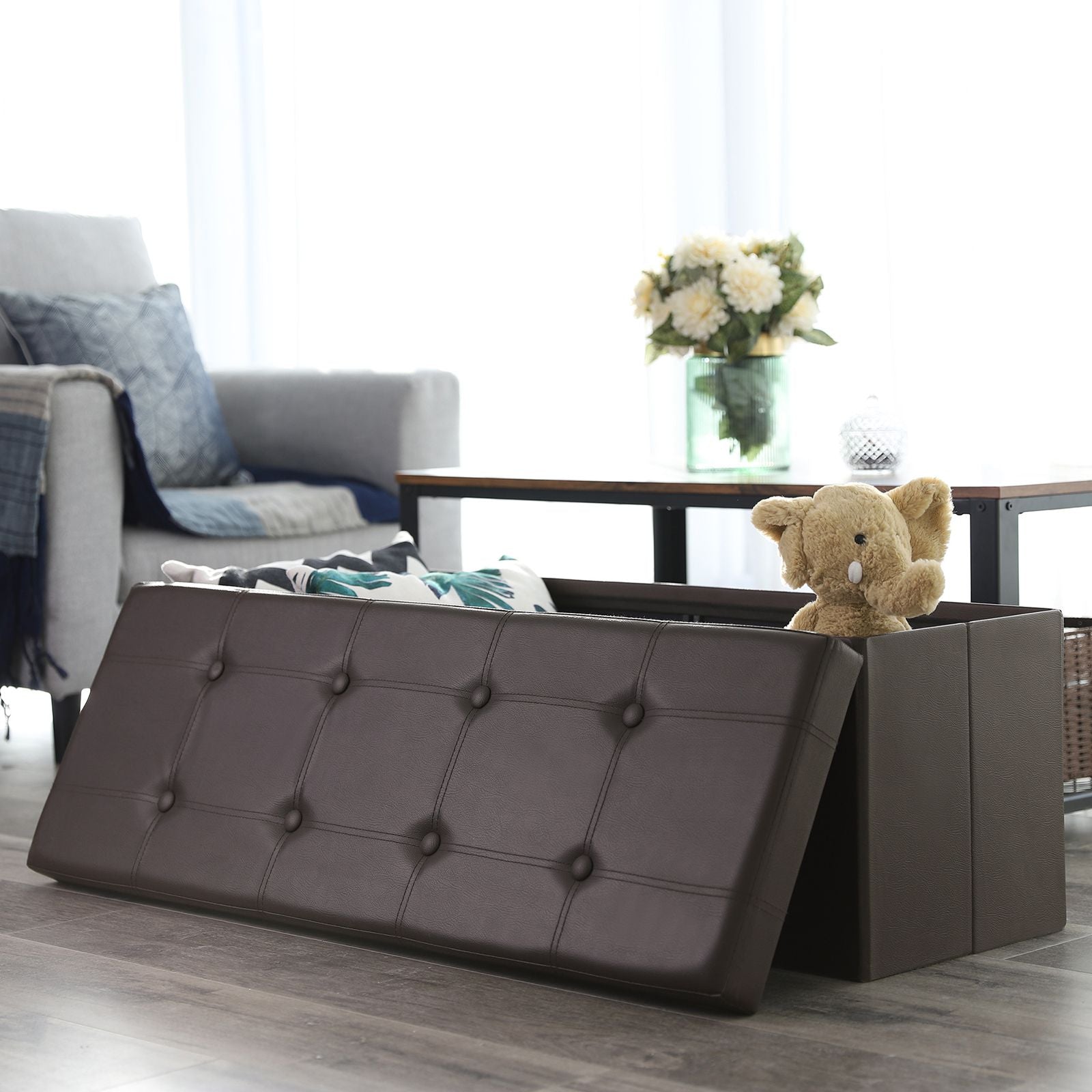 Storage Ottoman Bench – Fabric – Brown – Large Capacity with Max Load 300 kg