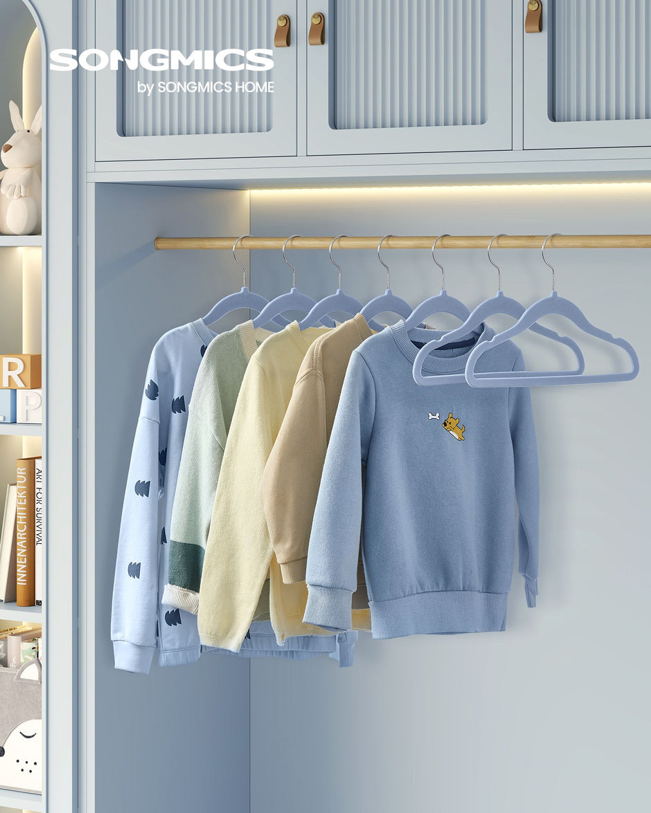 Pack of 50 Velvet Baby Hangers – Velvet – Pale Blue – Non-Slip Design with Rose Gold Hooks