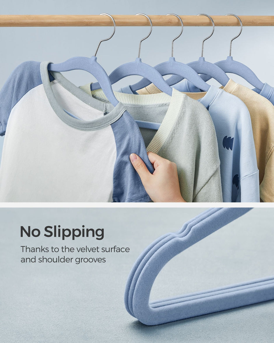 Pack of 50 Velvet Baby Hangers – Velvet – Pale Blue – Non-Slip Design with Rose Gold Hooks
