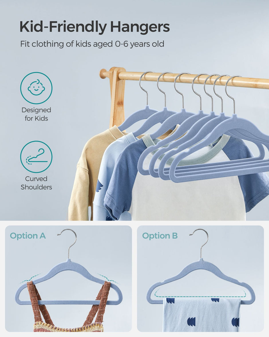 Pack of 50 Velvet Baby Hangers – Velvet – Pale Blue – Non-Slip Design with Rose Gold Hooks