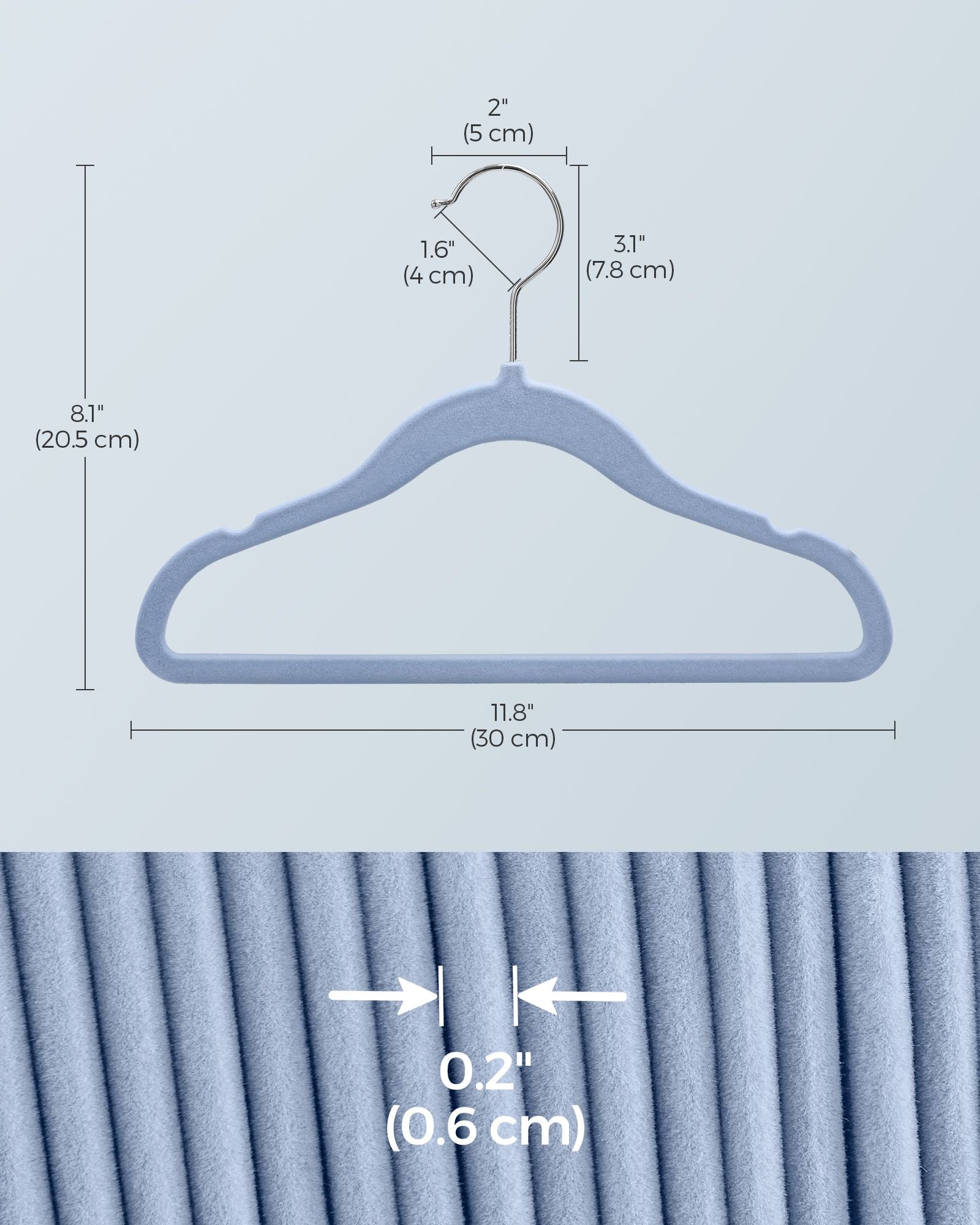 Pack of 50 Velvet Baby Hangers – Velvet – Pale Blue – Non-Slip Design with Rose Gold Hooks