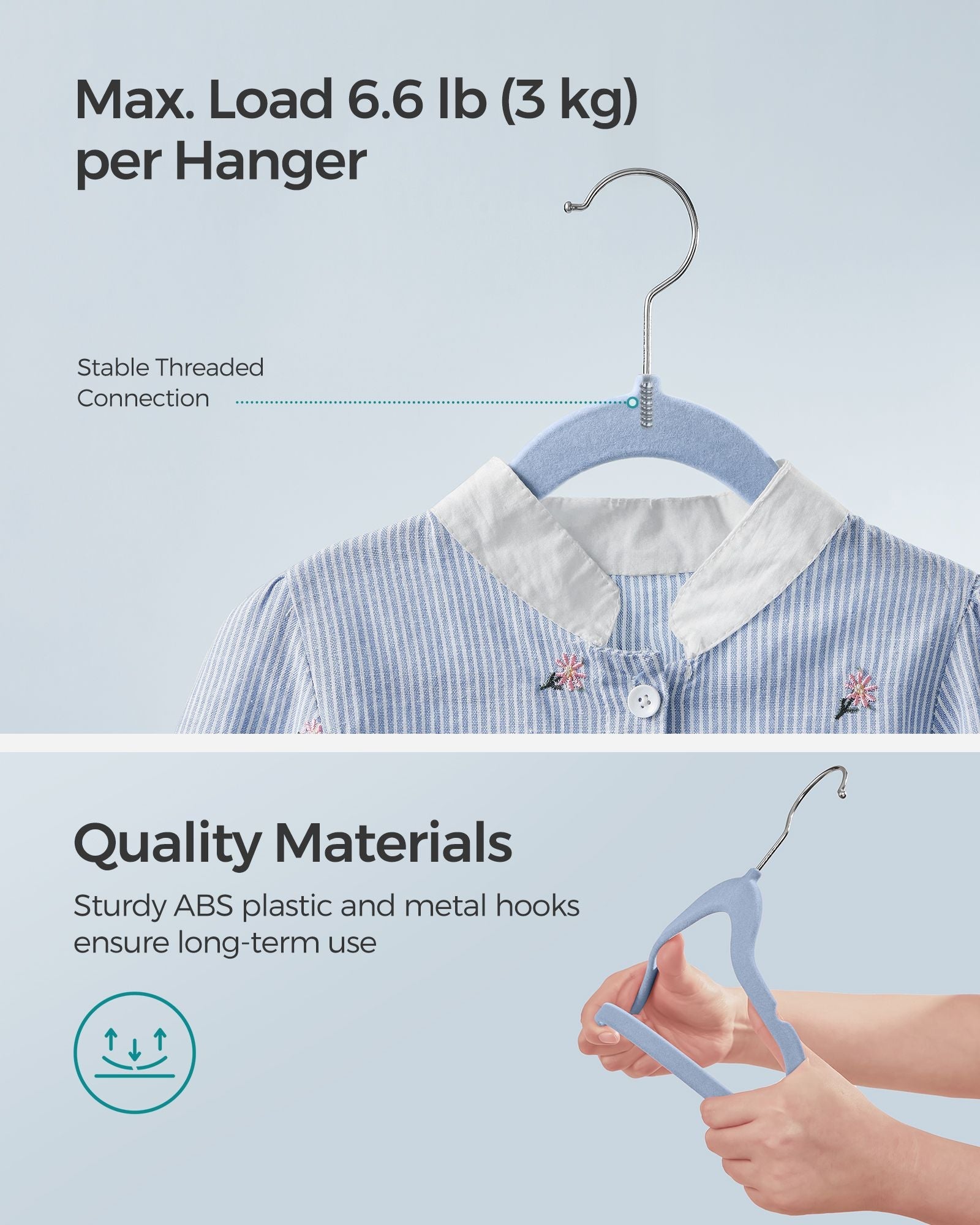 Pack of 50 Velvet Baby Hangers – Velvet – Pale Blue – Non-Slip Design with Rose Gold Hooks