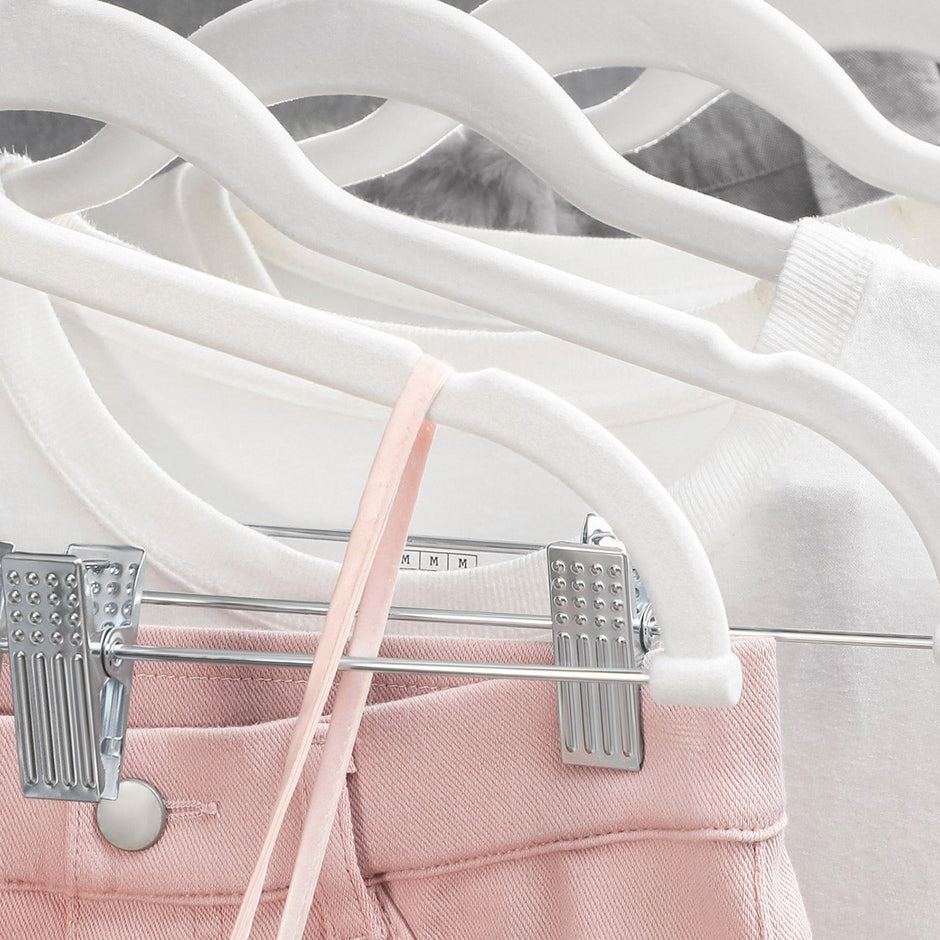 Pants Hangers – Velvet – White – Adjustable Clips, Heavy-Duty, Space-Saving (12-Pack)