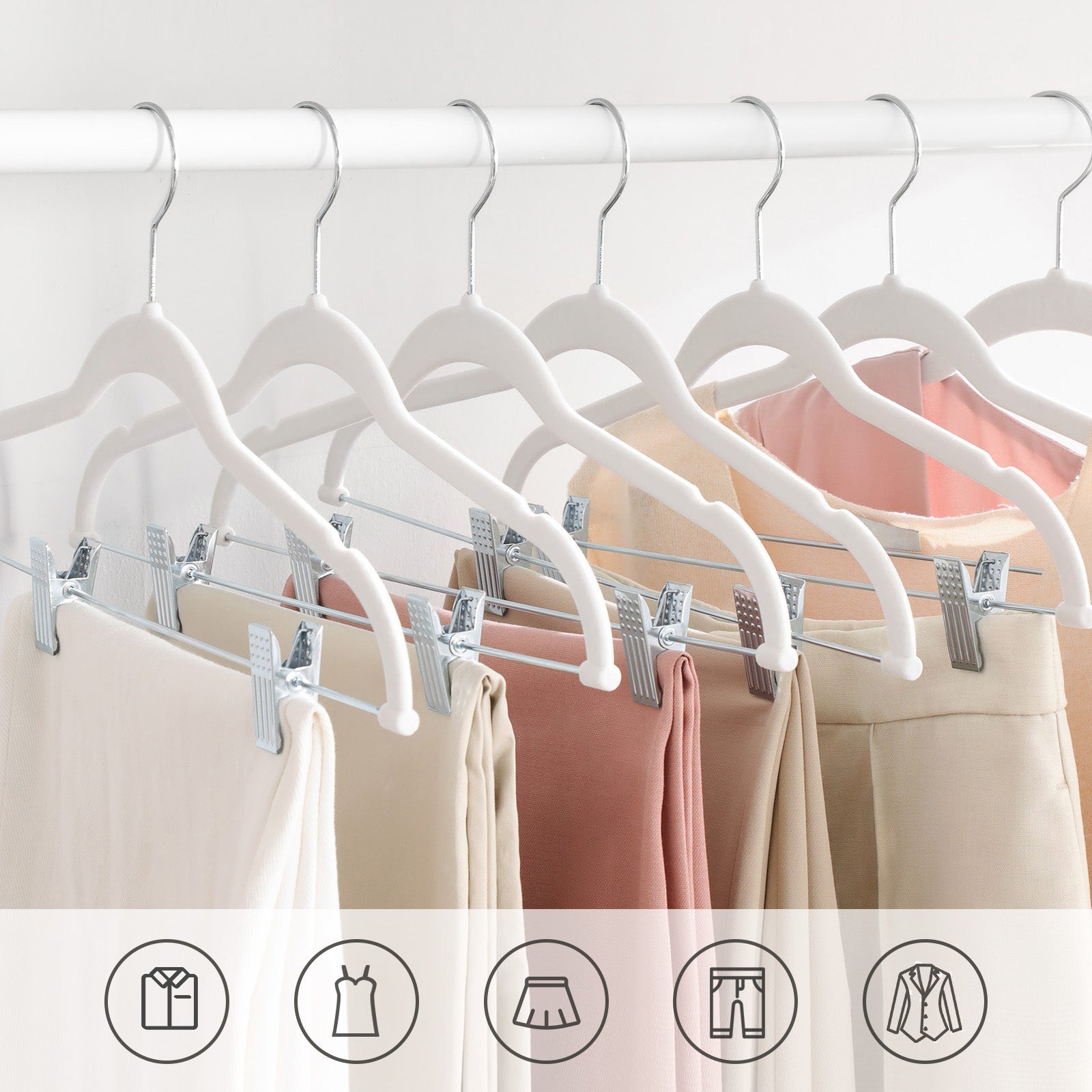 Pants Hangers – Velvet – White – Adjustable Clips, Heavy-Duty, Space-Saving (12-Pack)