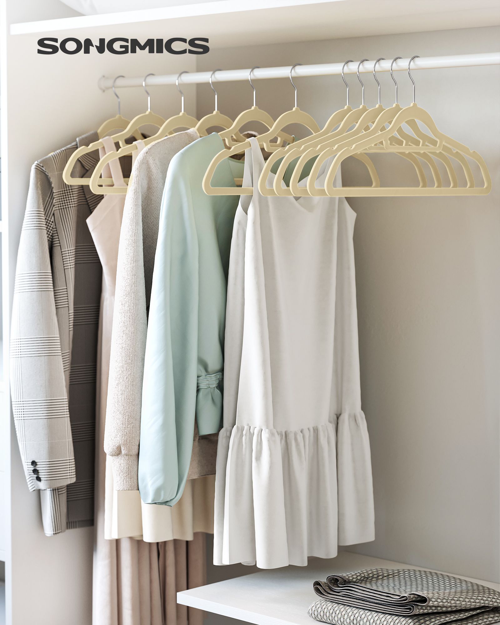Velvet Hangers – Velvet – Beige – Space-Saving, Non-Slip with Tie Bar and 360° Swivel Hook, Set of 20