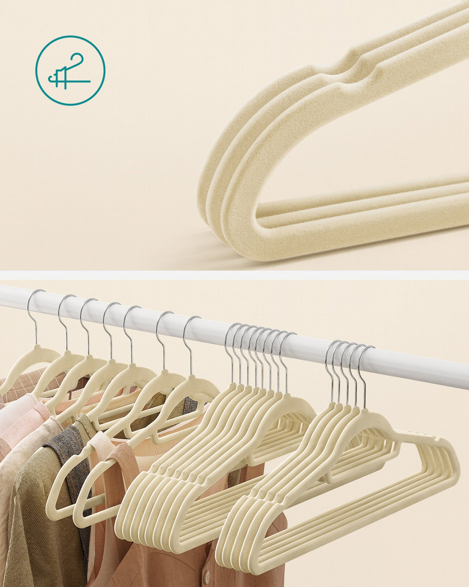 Velvet Hangers – Velvet – Beige – Space-Saving, Non-Slip with Tie Bar and 360° Swivel Hook, Set of 20