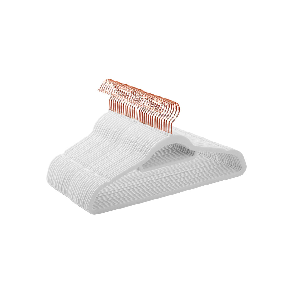 Non-Slip Velvet Clothes Hangers – Velvet – White – 30-Pack with Rose Gold Swivel Hooks