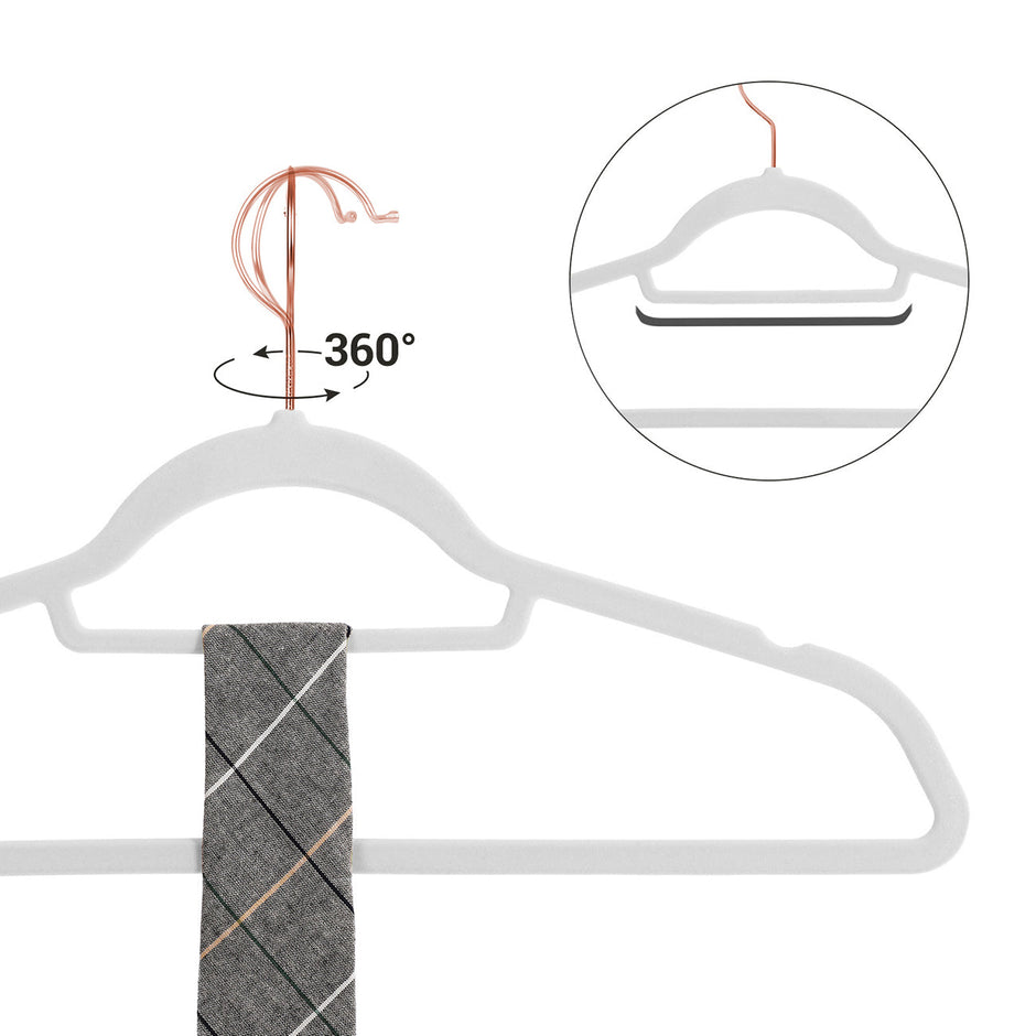 Non-Slip Velvet Clothes Hangers – Velvet – White – 30-Pack with Rose Gold Swivel Hooks