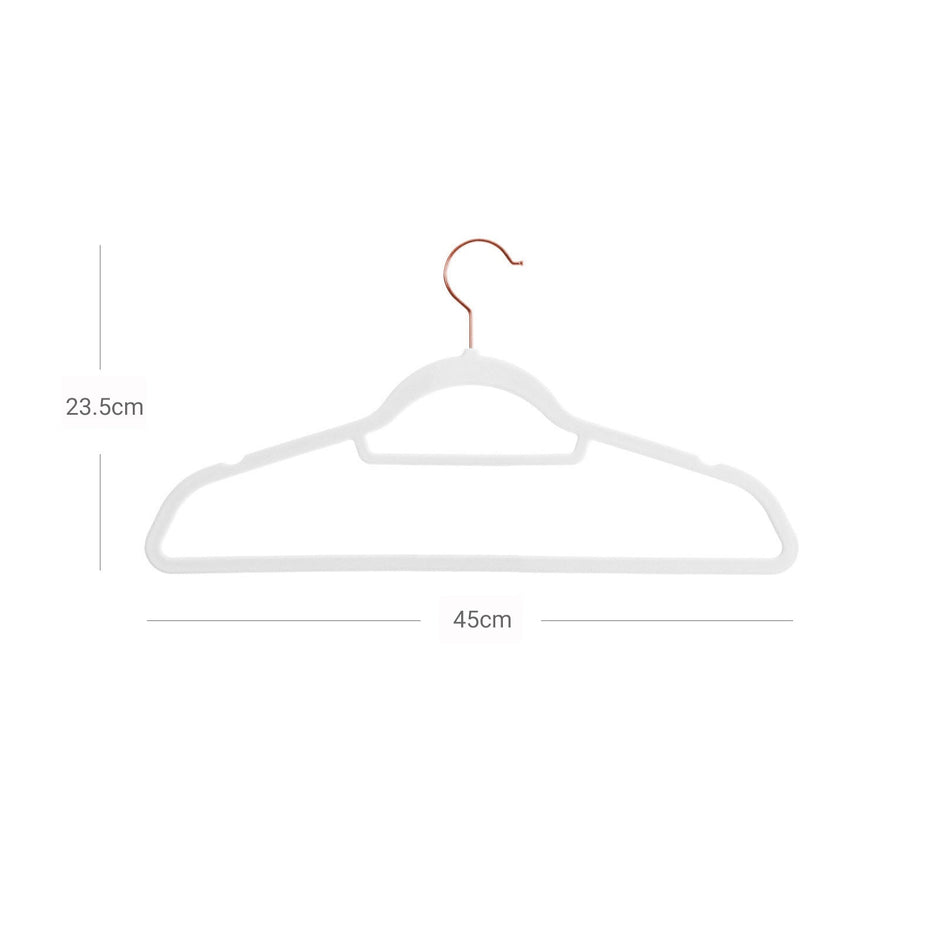 Non-Slip Velvet Clothes Hangers – White – 50 Pack – Space Saving Design with Rose Gold Swivel Hook