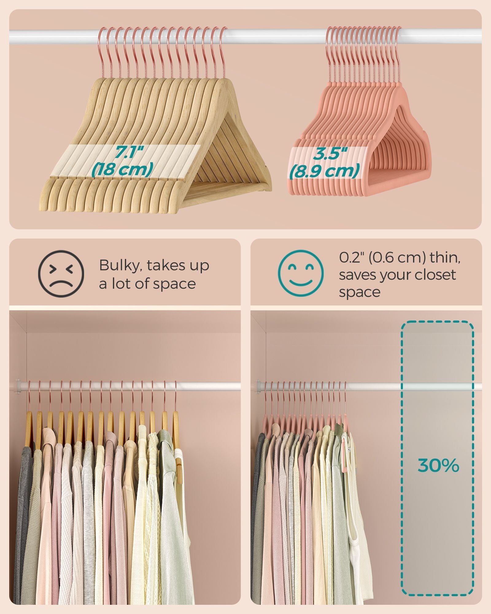 Set of 50 Velvet Hangers – Velvet – Pink and Rose Gold – 360° Swivel Hooks, Thin and Durable