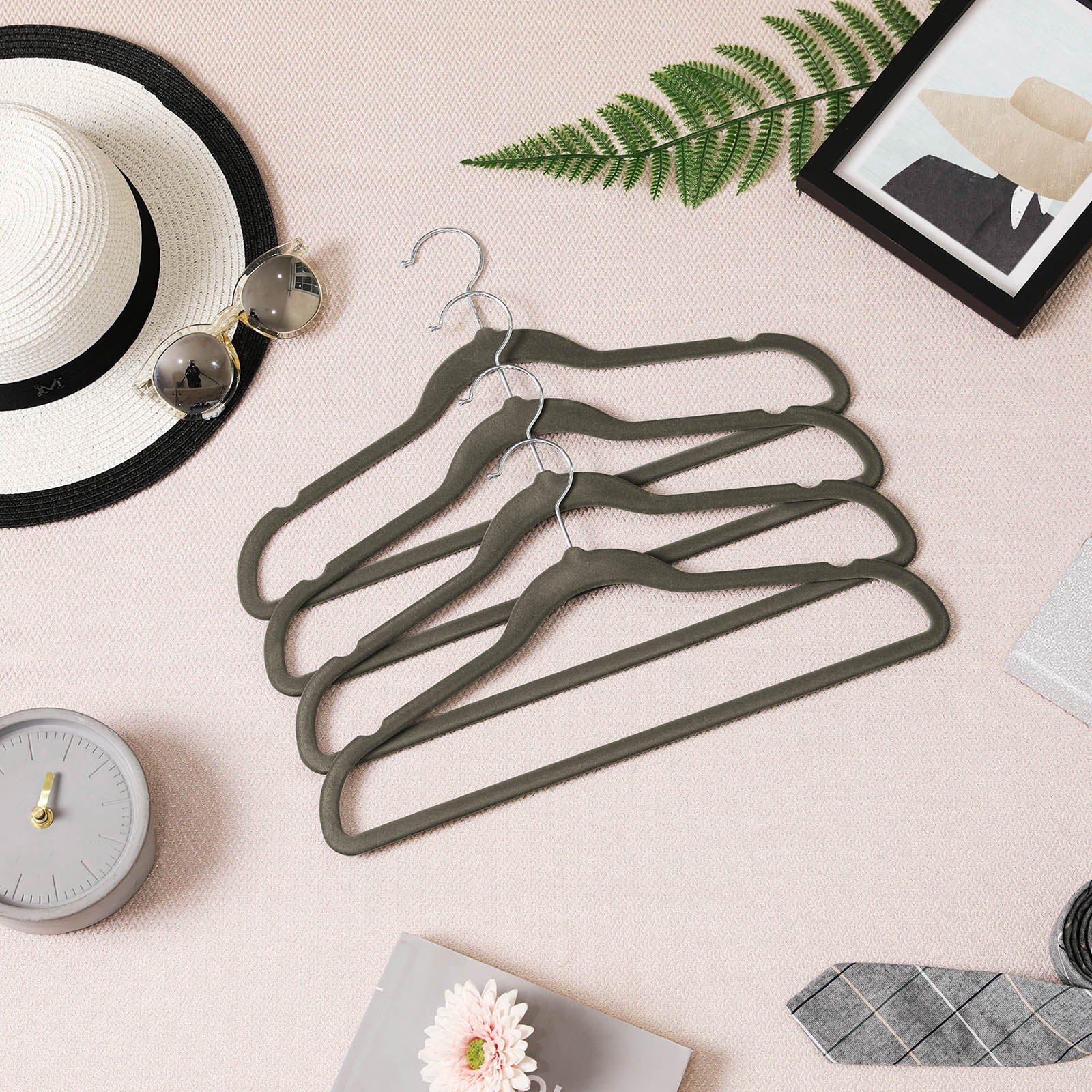 50 Velvet Non-Slip Coat Hangers – Grey – Durable Thin Design with 360° Swivel Hooks