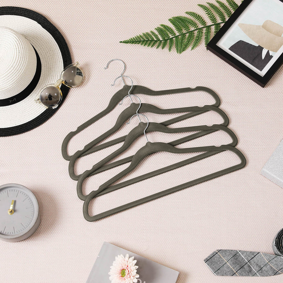 50 Velvet Non-Slip Coat Hangers – Grey – Durable Thin Design with 360° Swivel Hooks