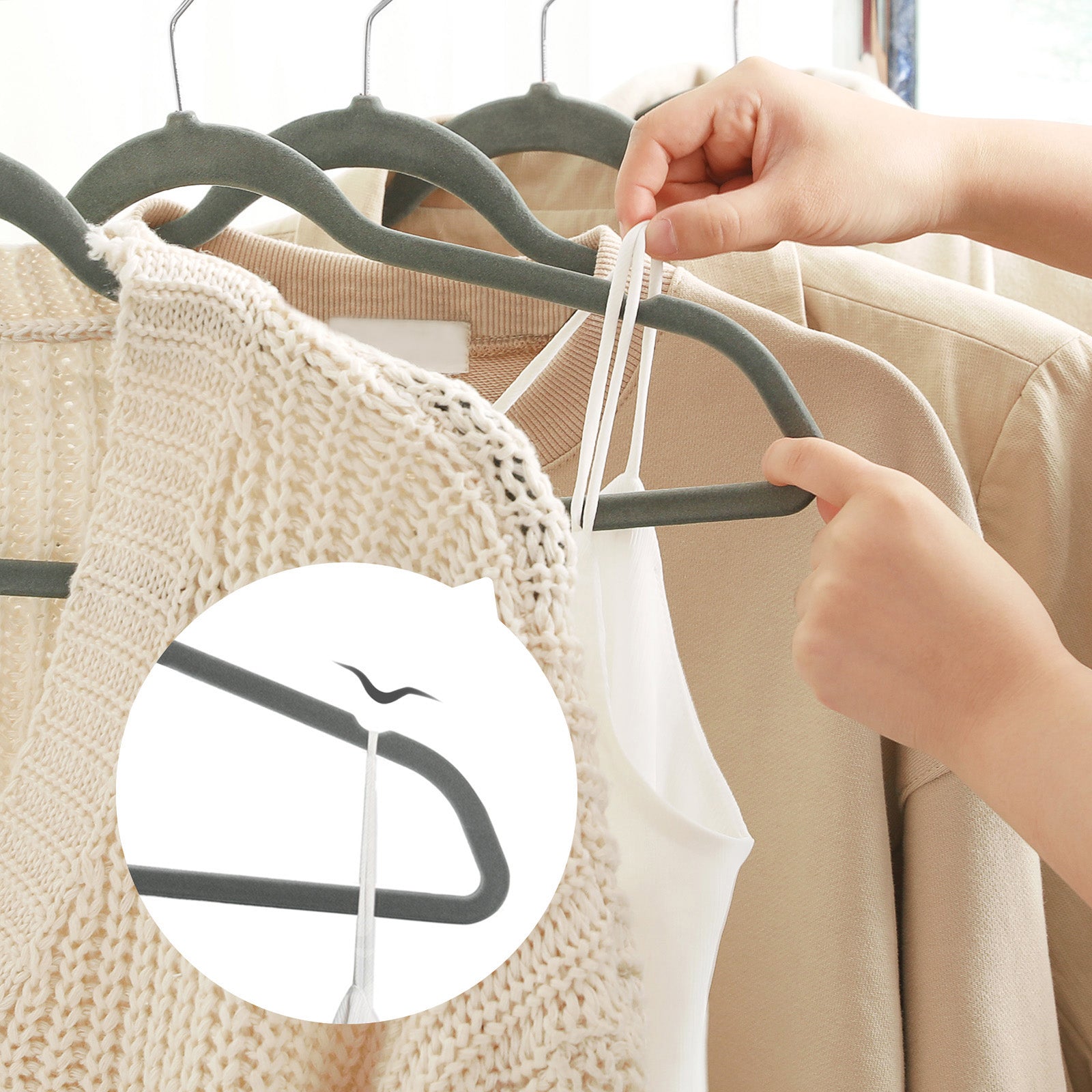 50 Velvet Non-Slip Coat Hangers – Grey – Durable Thin Design with 360° Swivel Hooks