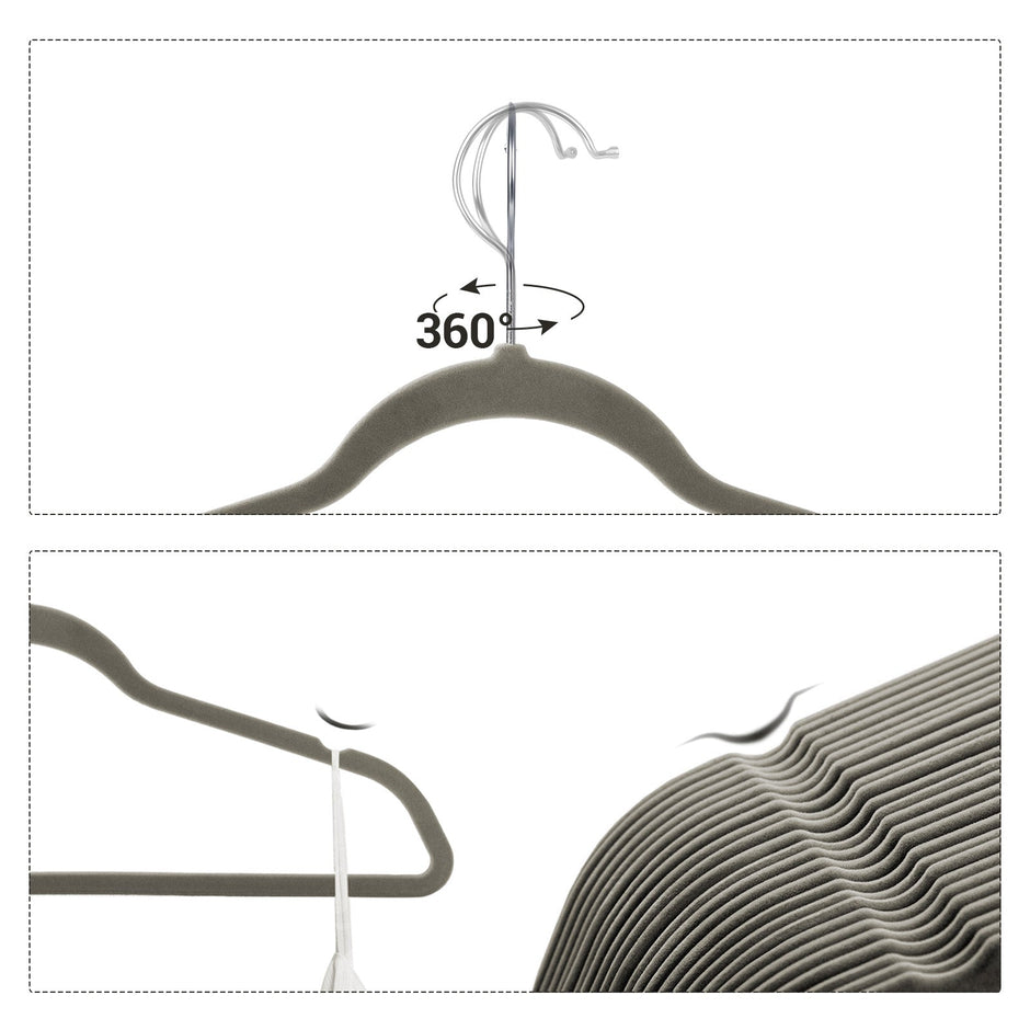 50 Velvet Non-Slip Coat Hangers – Grey – Durable Thin Design with 360° Swivel Hooks