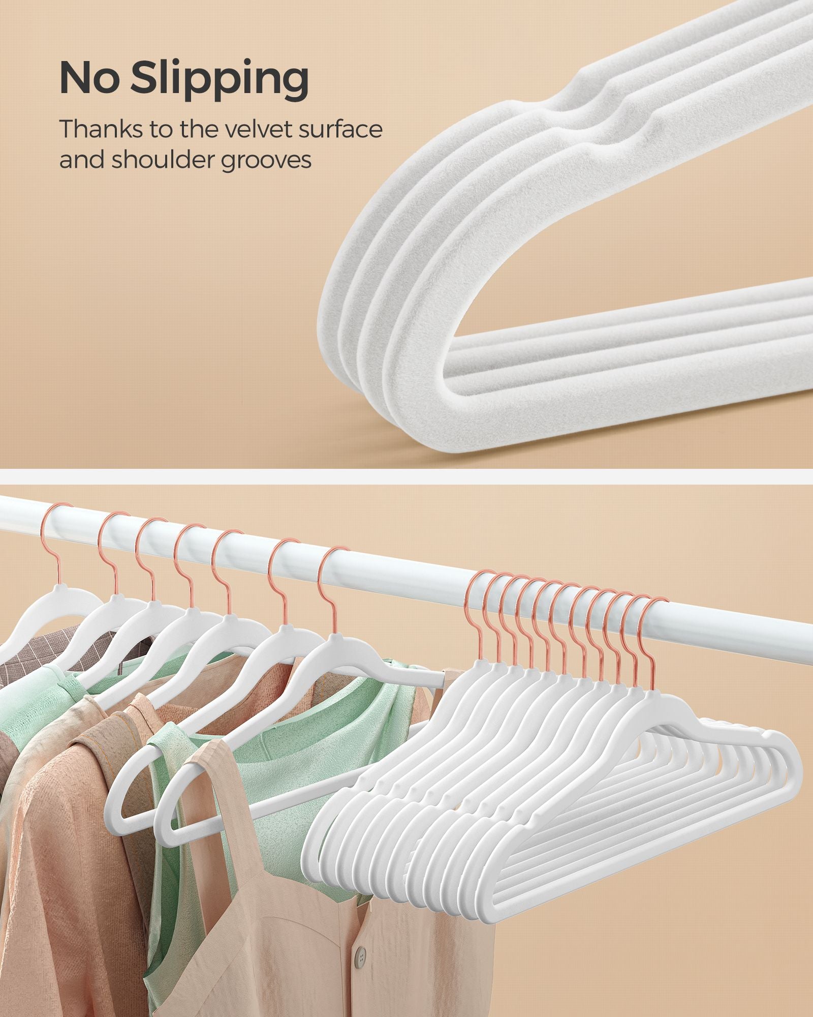 Set of 50 Velvet Hangers – Velvet – White and Rose Gold – 360° Swivel Hooks, Thin and Durable