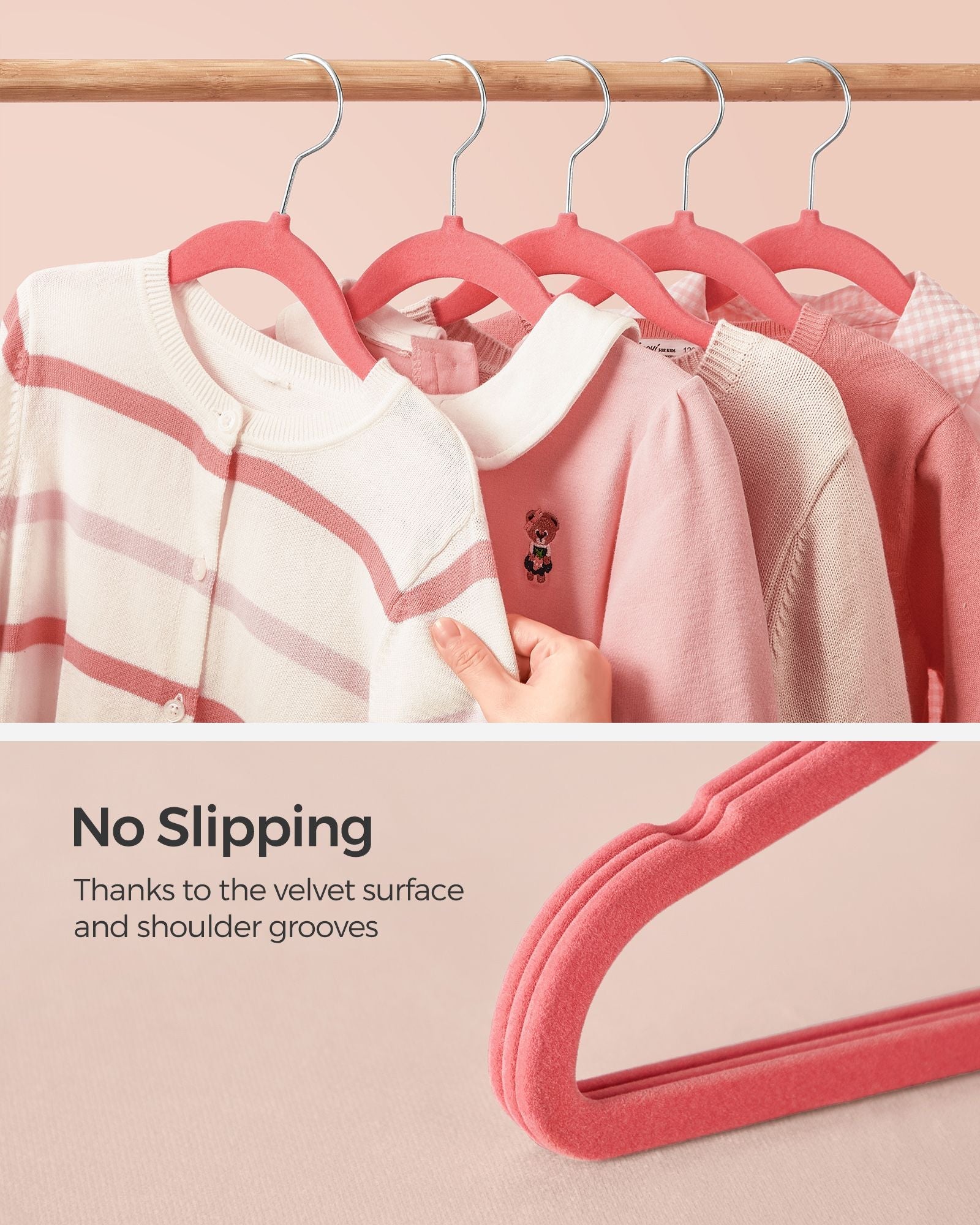 Pack of 50 Velvet Baby Hangers – Velvet – Strawberry Red – Non-Slip Design with Rose Gold Hooks