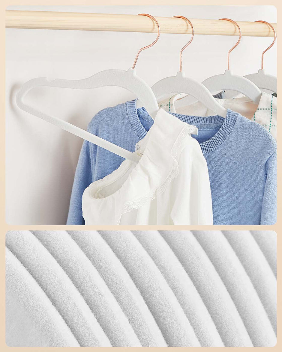 Set of 50 Velvet Small Hangers – White – Non-Slip – Designed for Children's Clothing with Rose Gold Hooks