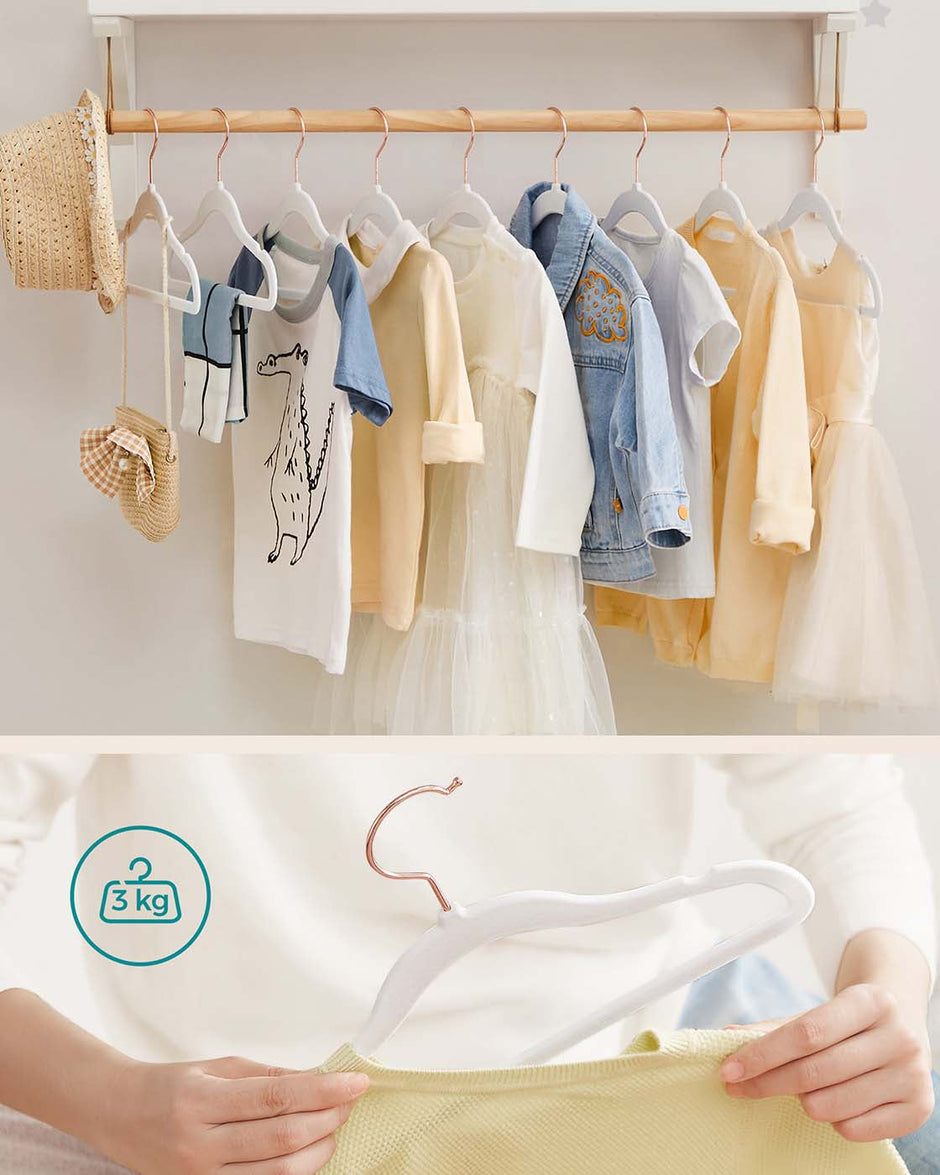 Set of 50 Velvet Small Hangers – White – Non-Slip – Designed for Children's Clothing with Rose Gold Hooks