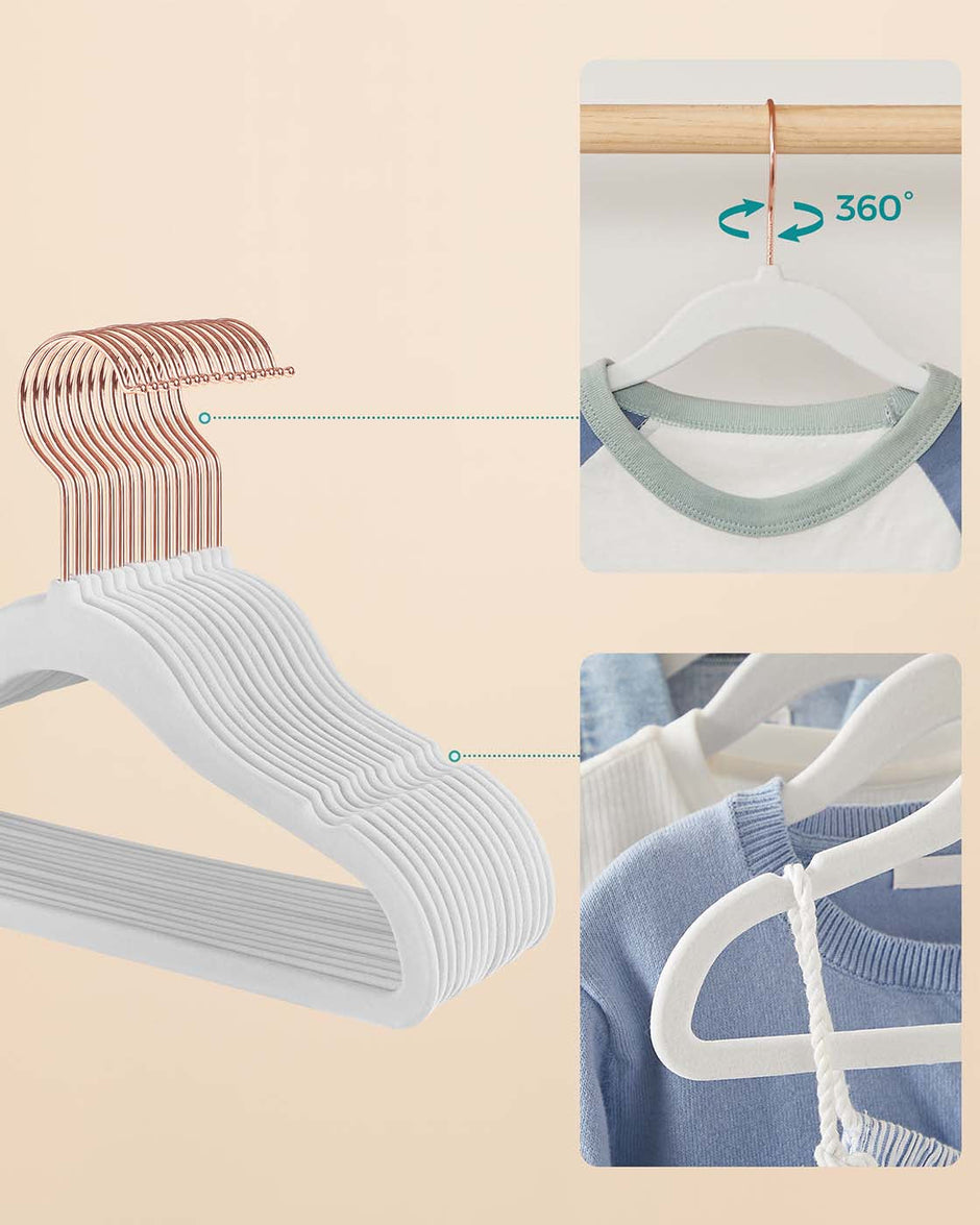 Set of 50 Velvet Small Hangers – White – Non-Slip – Designed for Children's Clothing with Rose Gold Hooks