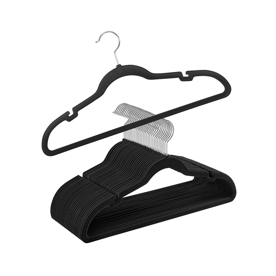 Velvet Hangers – Black – Non-Slip Design with Shoulder Notches and Trouser Bar – 30-Pack
