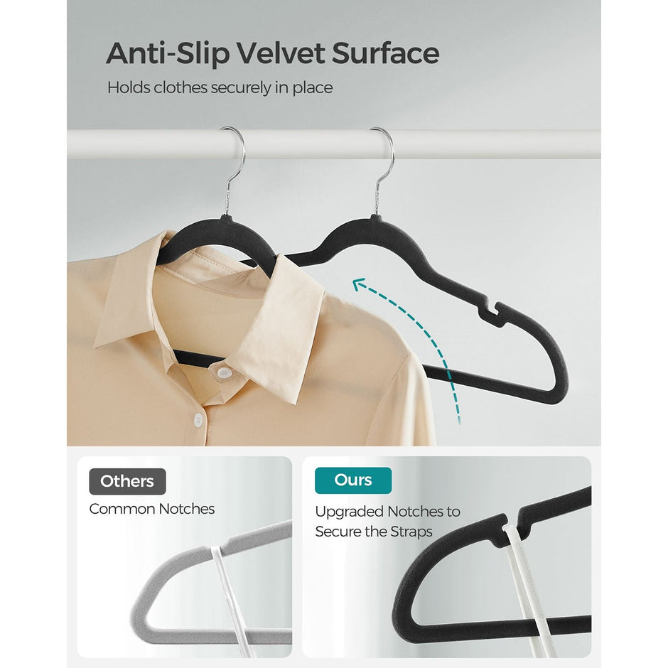 Velvet Hangers – Black – Non-Slip Design with Shoulder Notches and Trouser Bar – 30-Pack