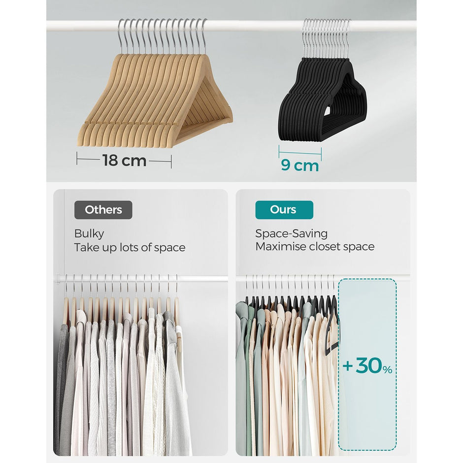 Velvet Hangers – Black – Non-Slip Design with Shoulder Notches and Trouser Bar – 30-Pack