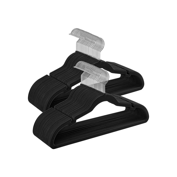 Velvet Hangers – Black – Non-Slip Design, Shoulder Notches, Trouser Bar, 360° Swivel Hook, Pack of 50