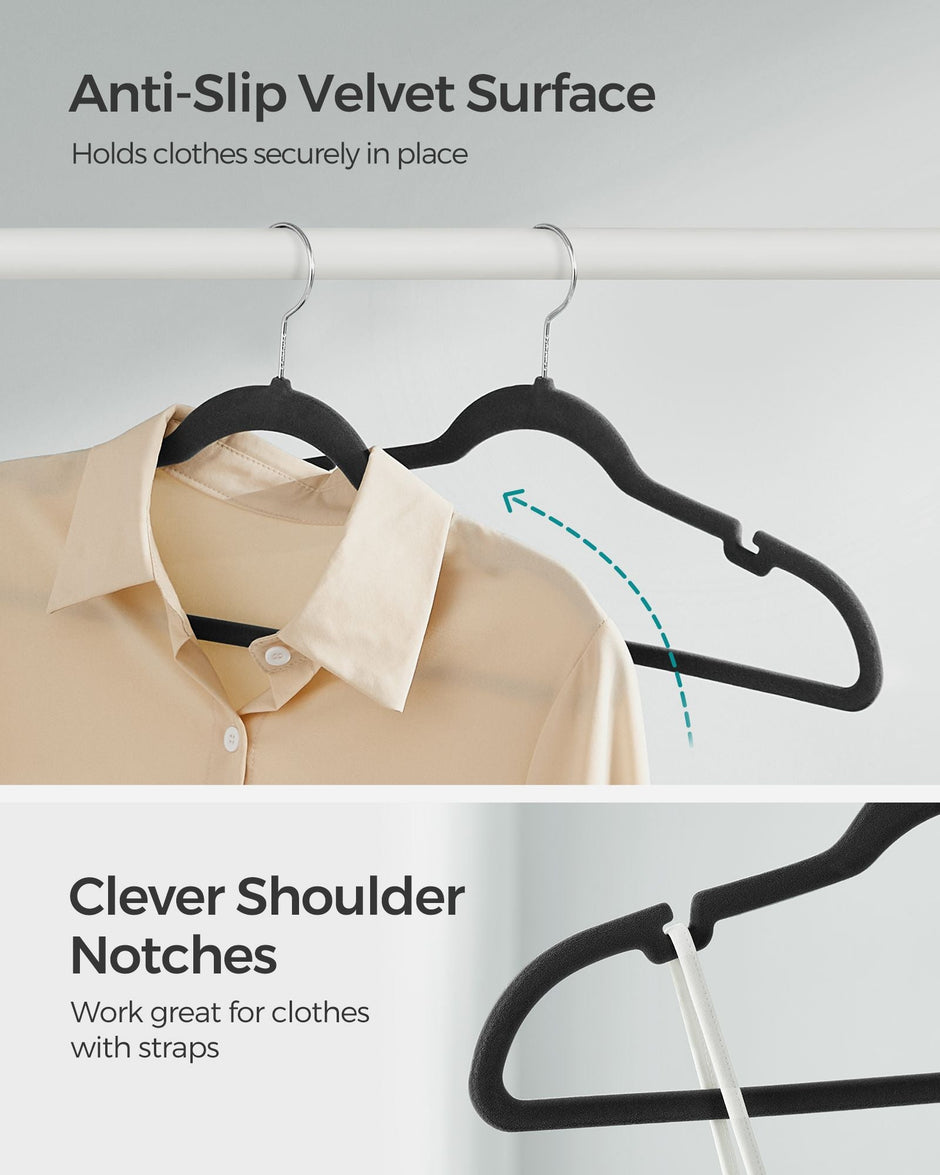 Velvet Hangers – Black – Non-Slip Design, Shoulder Notches, Trouser Bar, 360° Swivel Hook, Pack of 50