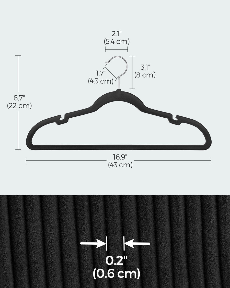Velvet Hangers – Black – Non-Slip Design, Shoulder Notches, Trouser Bar, 360° Swivel Hook, Pack of 50