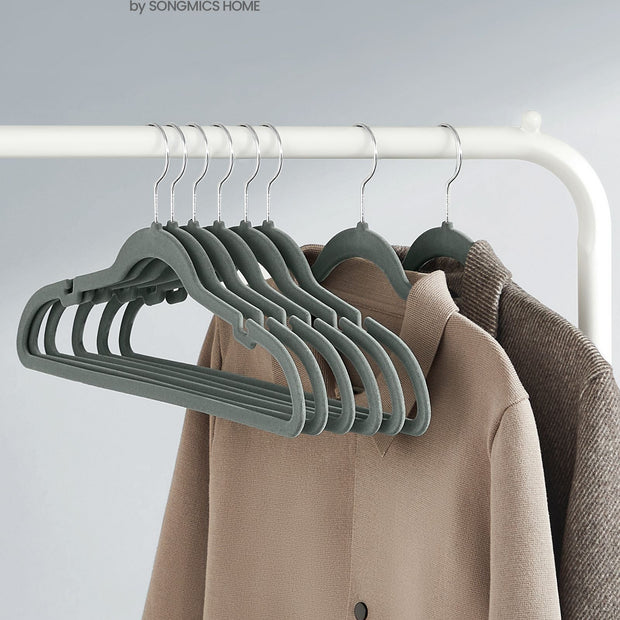 Velvet Coat Hangers – Velvet – Dove Gray – Non-Slip with Shoulder Notches and Trouser Bar, Space-Saving Design