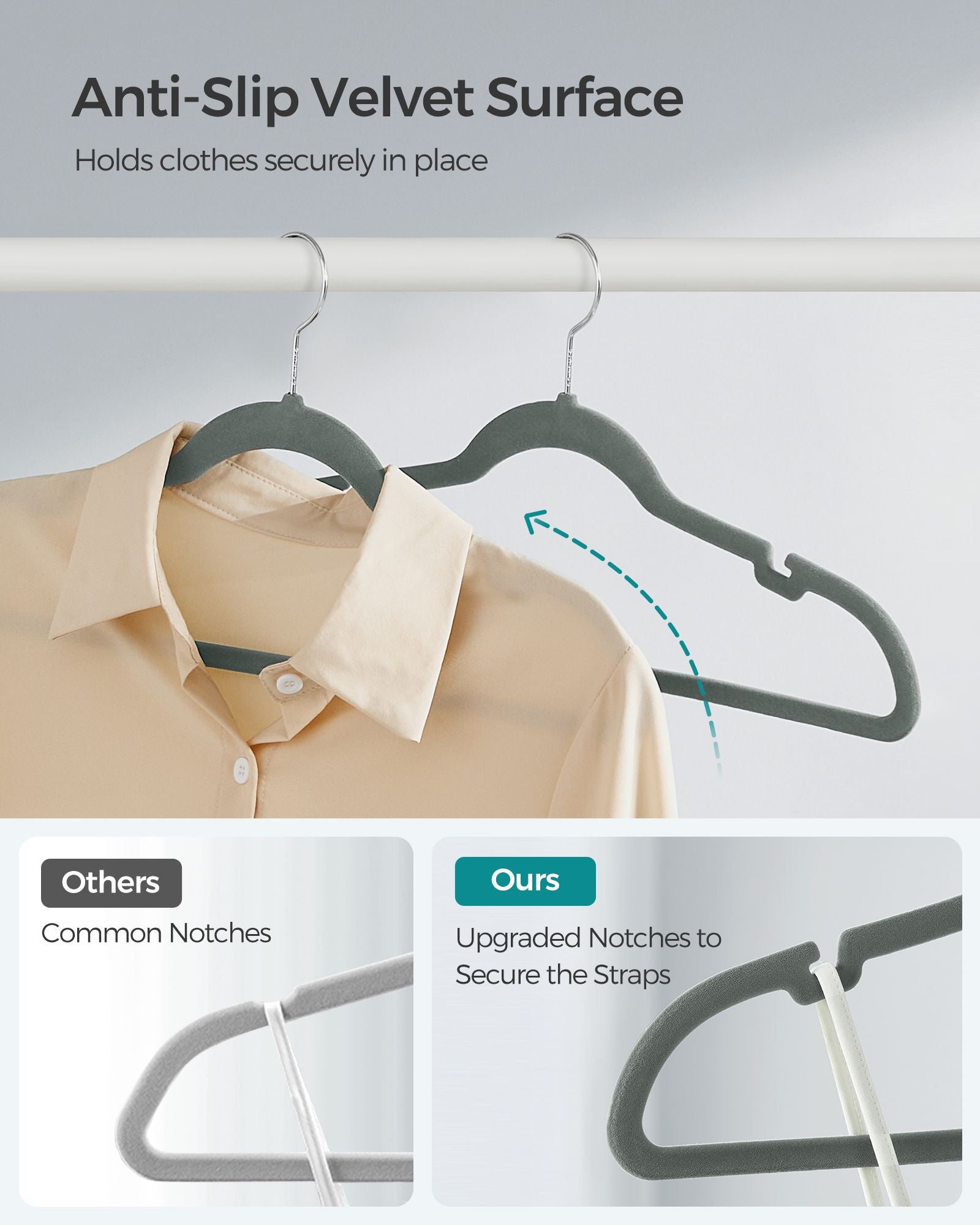 Velvet Coat Hangers – Velvet – Dove Gray – Non-Slip with Shoulder Notches and Trouser Bar, Space-Saving Design