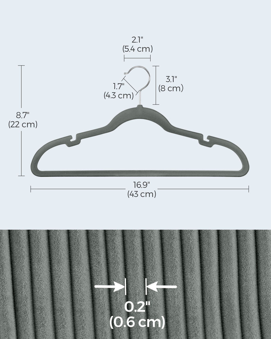 Velvet Coat Hangers – Velvet – Dove Gray – Non-Slip with Shoulder Notches and Trouser Bar, Space-Saving Design