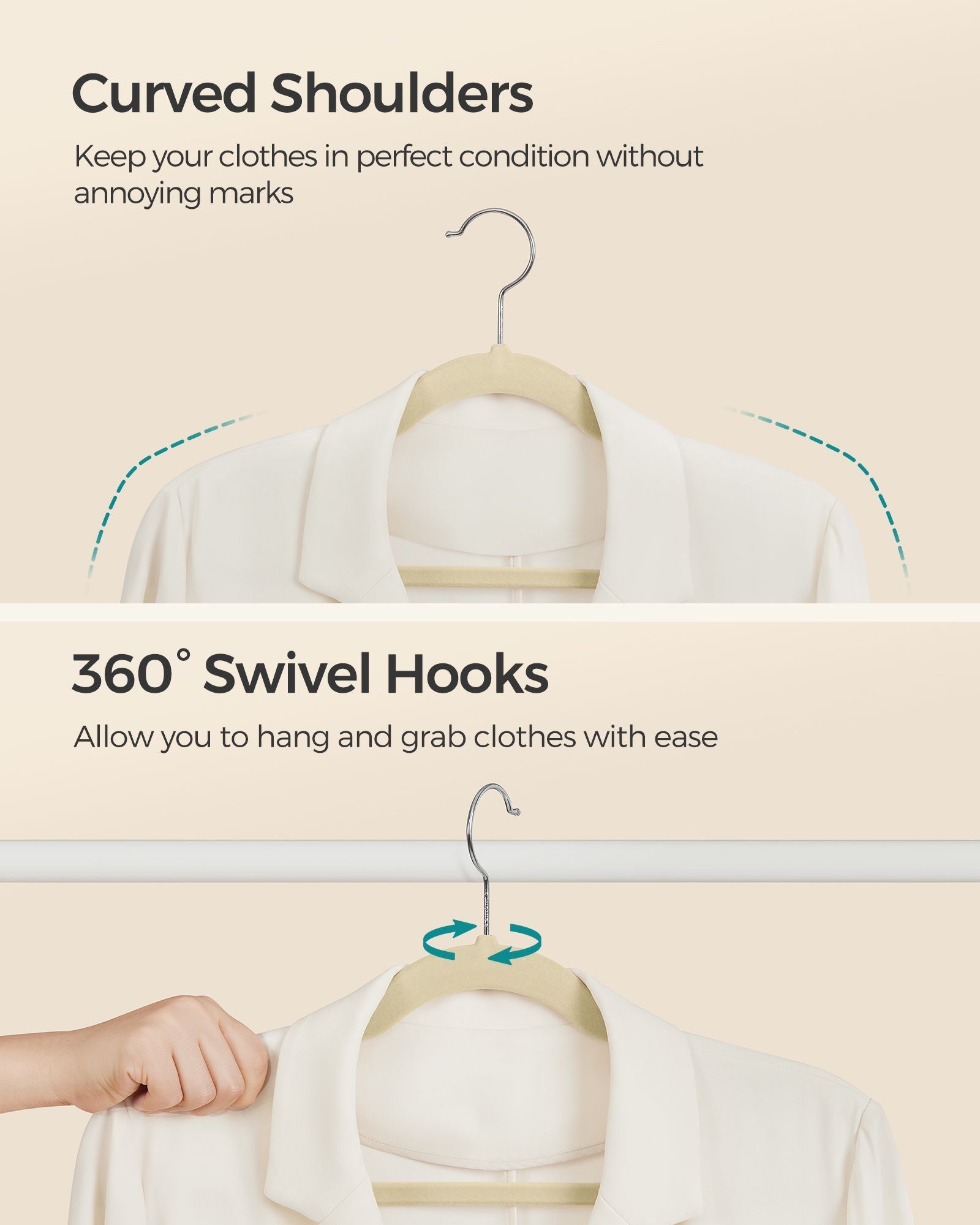 Velvet Hangers – Sand Beige – 50-Pack – Non-Slip Design with 360° Swivel Hook