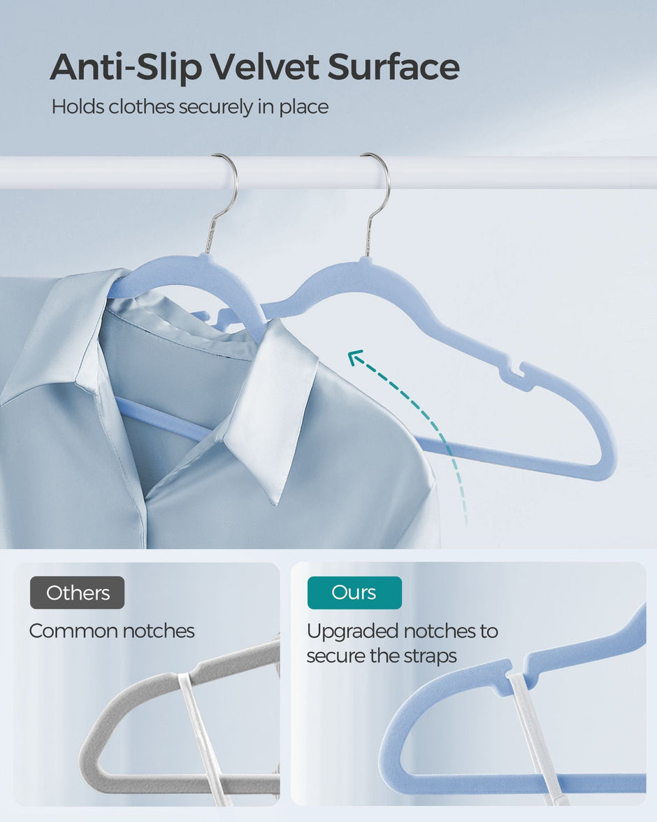 Velvet Hangers – Pale Blue – Non-Slip Design with Shoulder Notches and Trouser Bar – 50-Pack