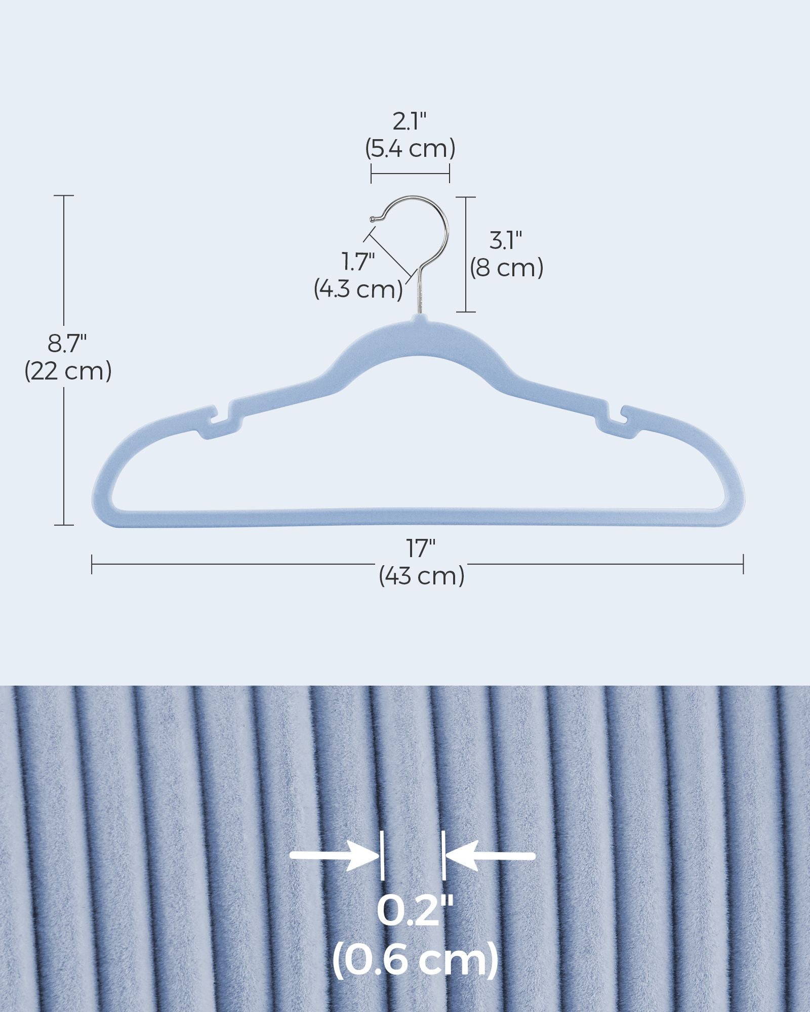 Velvet Hangers – Pale Blue – Non-Slip Design with Shoulder Notches and Trouser Bar – 50-Pack