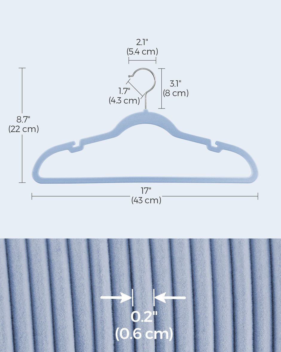 Velvet Hangers – Pale Blue – Non-Slip Design with Shoulder Notches and Trouser Bar – 50-Pack