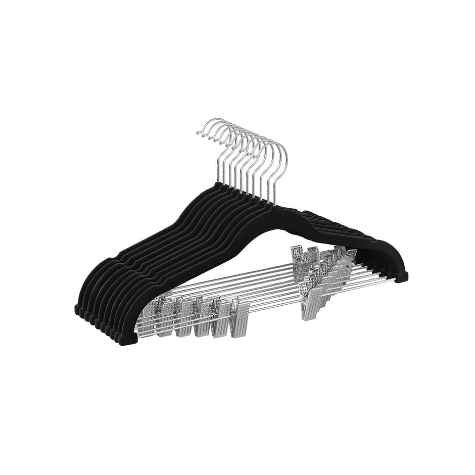 Set of 10 Velvet Hangers – Velvet – Black – Adjustable Clips, Non-slip, Heavy-Duty