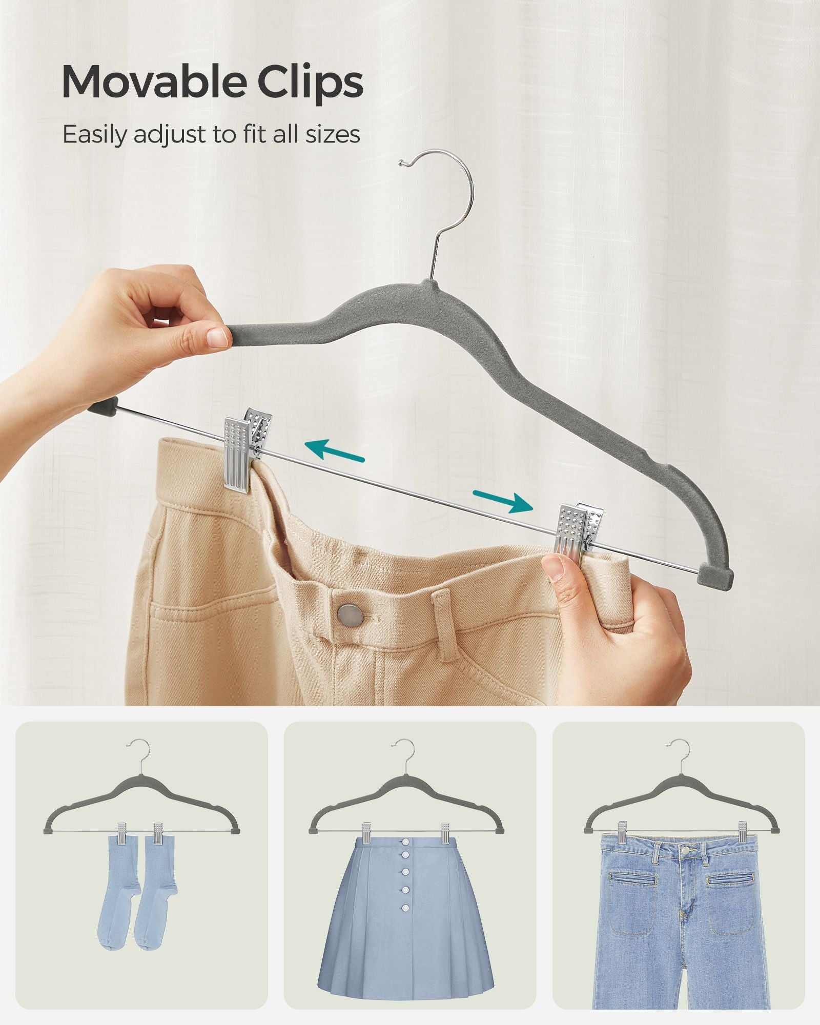 Set of 20 Velvet Hangers – Velvet – Grey – Adjustable Clips, Non-Slip, Heavy-Duty, Space-Saving