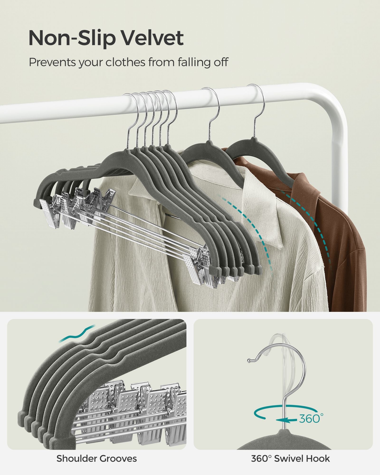 Set of 20 Velvet Hangers – Velvet – Grey – Adjustable Clips, Non-Slip, Heavy-Duty, Space-Saving