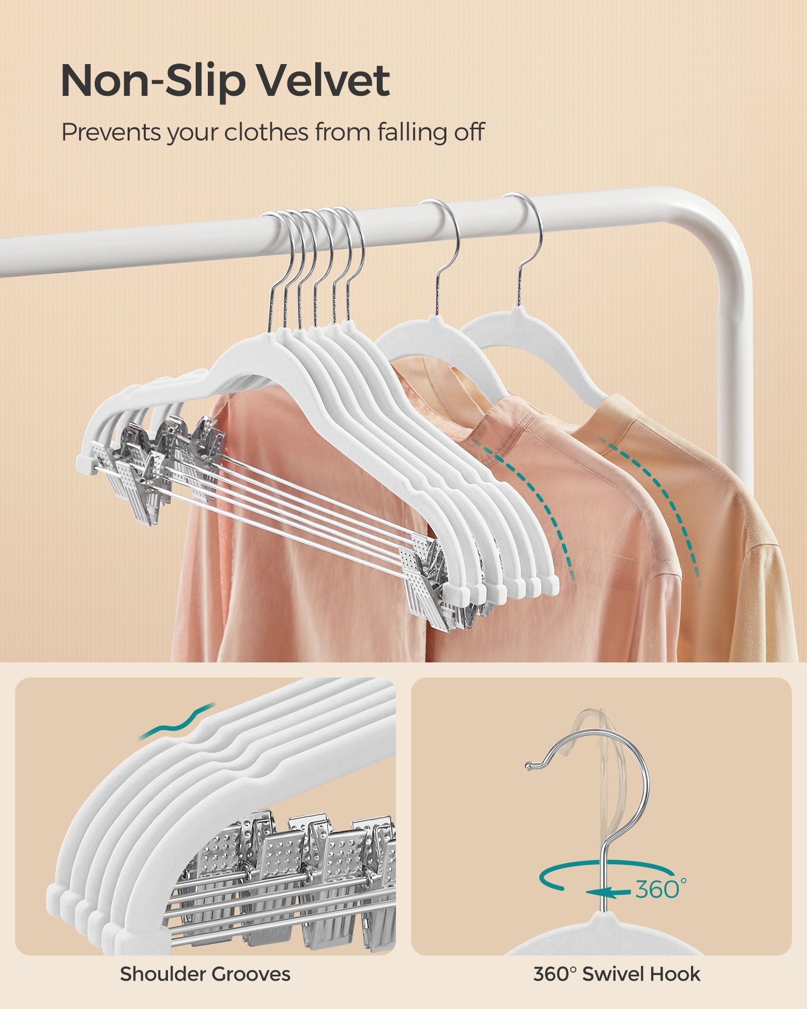 Set of 20 Velvet Hangers – Velvet – White – Adjustable Clips and Non-slip Design